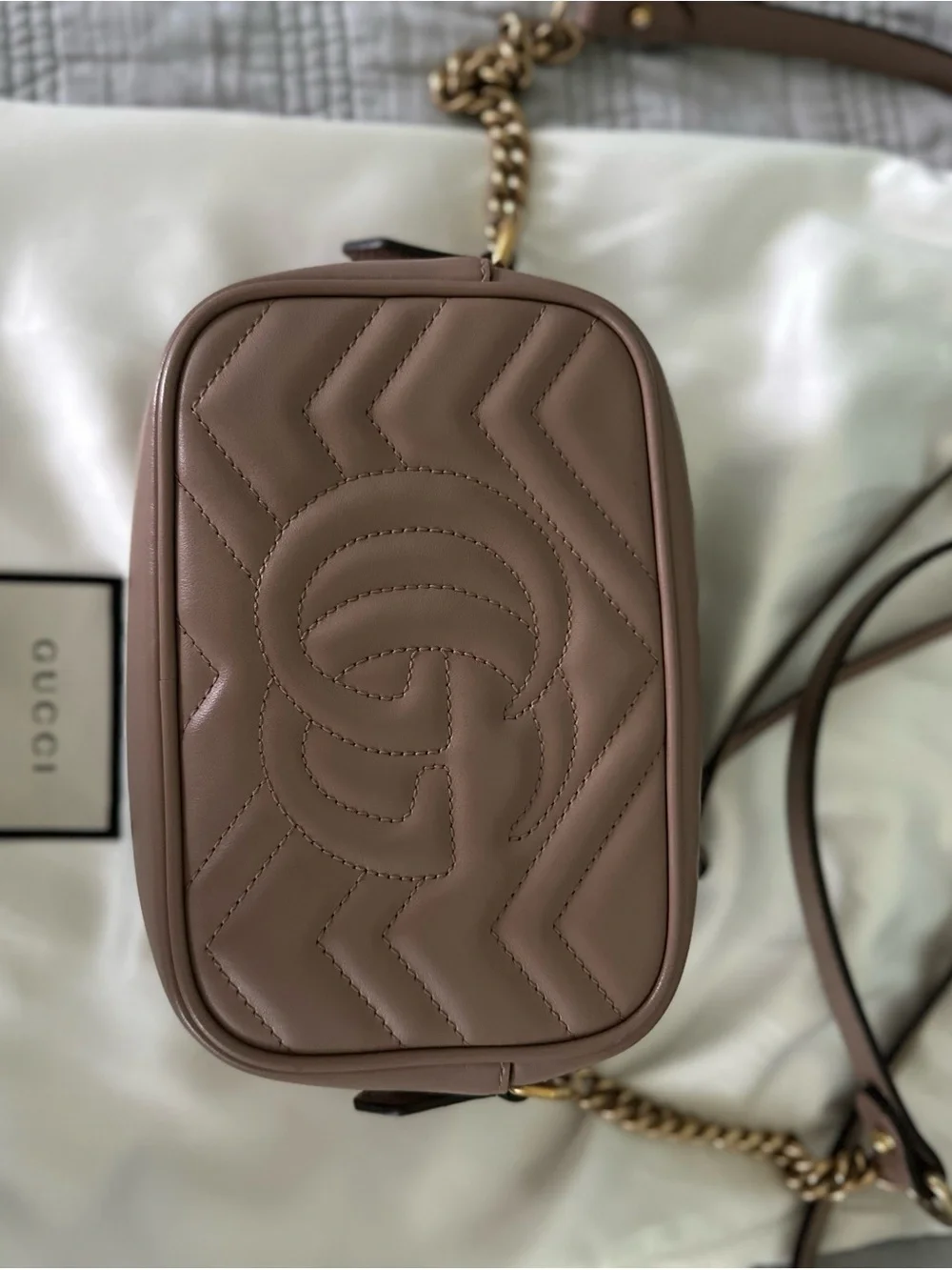 Gucci Leather Matelassé Mini Crossbody in Taupe Brown with matching wallet